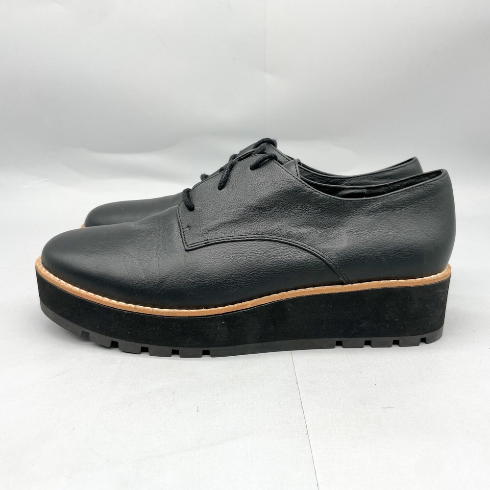 Eileen Fisher Womens 9 Eddy Oxford Black Leather Platform Derby Shoe Chunky Heel - Picture 4 of 12